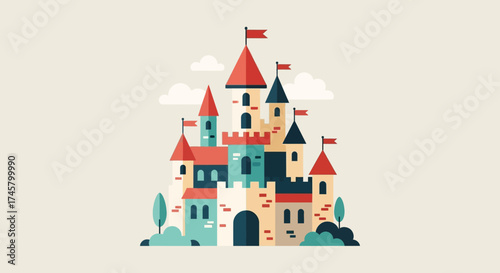Colorful Cartoon Castle with Towers, Flags, and Decorative Elements.