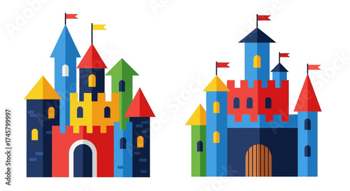Colorful Cartoon Castles with Flags.