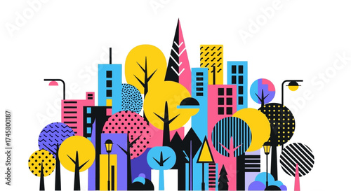 Colorful city illustration with vibrant buildings and trees, a modern urban landscape.