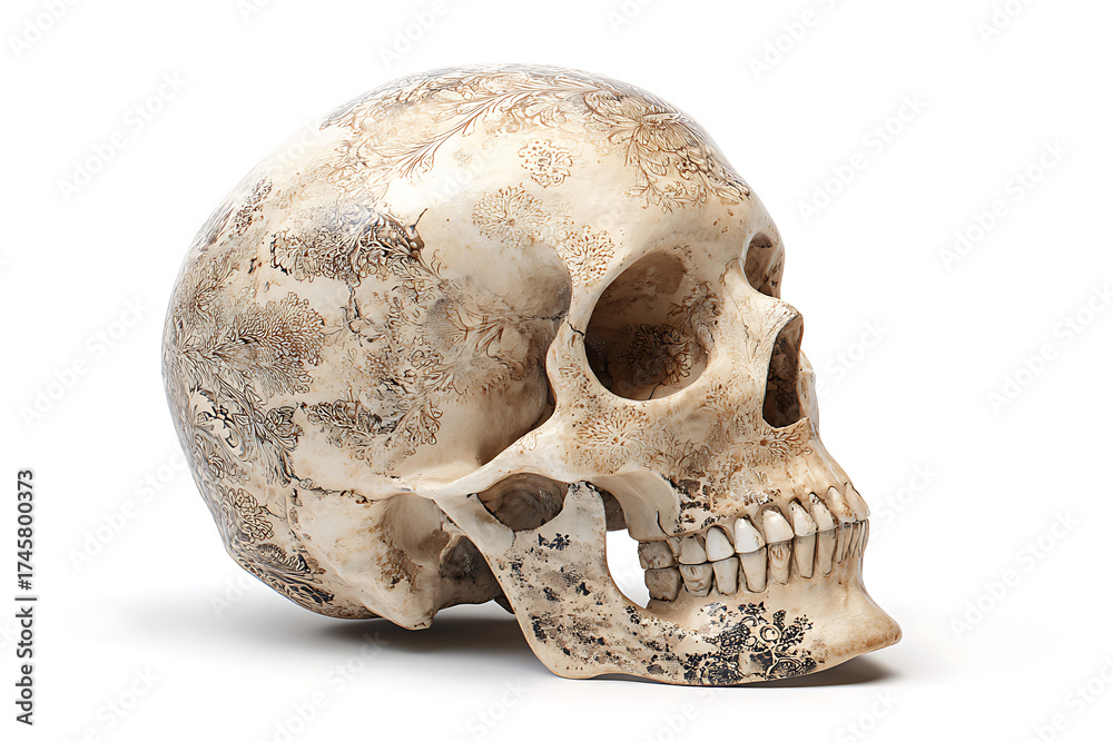 Obraz premium Intricately patterned skull displays ornate floral designs evoking ancient artistry and morbid elegance for conceptual projects