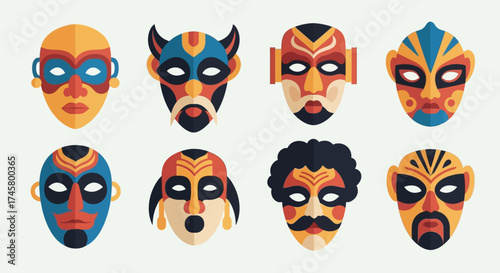 Colorful collection of ancient tribal ritual masks.