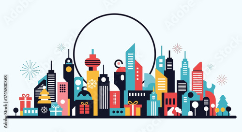 Colorful Cityscape Silhouette with Gifts and Fireworks.