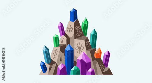 Colorful crystals and rocks formation with mystical symbols and vibrant hues.