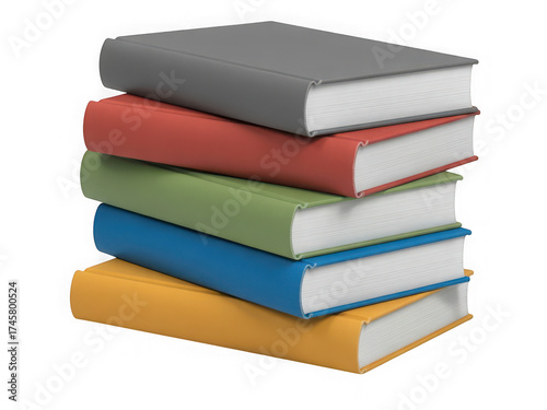A stack of five colorful hardcover books isolated on transparent background