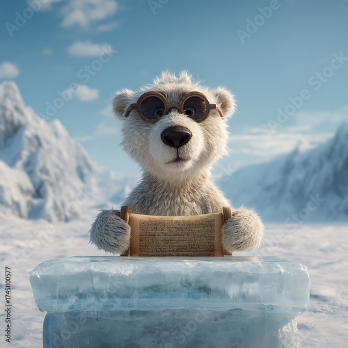 A graceful polar bear cub wearing large glasses and a scroll