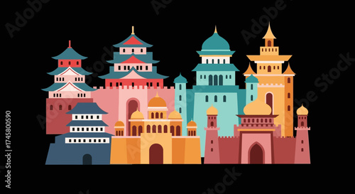 Colorful Fantasy Asian Architecture Buildings Collection.