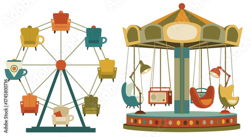 Colorful Ferris Wheel and Carousel Amusement Rides.