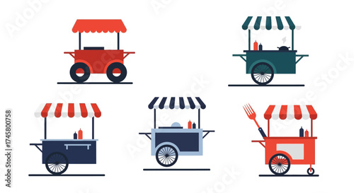 Colorful food carts collection on white background for street food business.