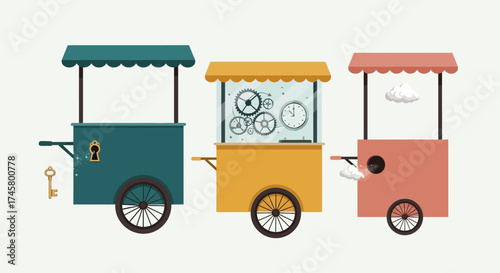 Colorful food carts display various items for sale in a row.