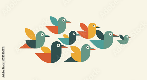 Colorful geometric birds flying in formation against a neutral background.