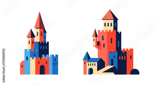 Colorful Geometric Fantasy Castles Vector Illustrations Set.