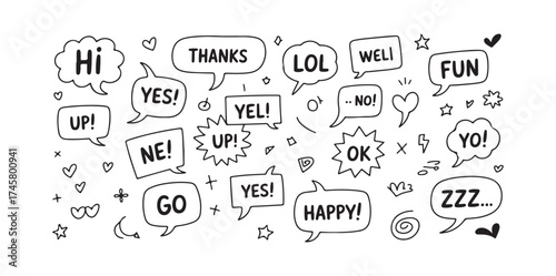 Collection of manga speech bubbles with diverse emotional expressions and icons