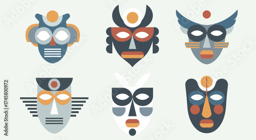 Colorful geometric mask designs representing cultural art and traditions with unique patterns.
