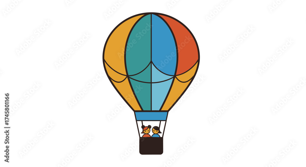 Obraz premium Colorful hot air balloon soaring high with passengers enjoying the view.