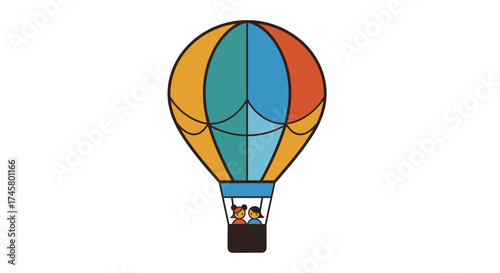 Colorful hot air balloon soaring high with passengers enjoying the view.