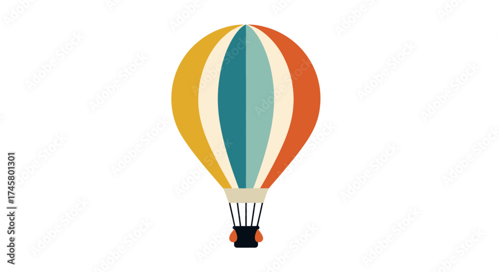 Naklejka premium Colorful hot air balloon with stripes and basket for travel.