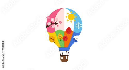 Colorful hot air balloon with seasonal elements representing different times of year.