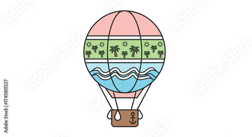 Colorful Hot Air Balloon with Tropical Island and Ocean Design.