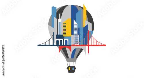 Colorful illustration of a hot air balloon carrying a cityscape.