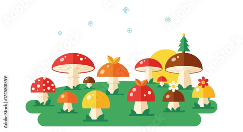 Colorful Mushroom Collection on Green Grass.