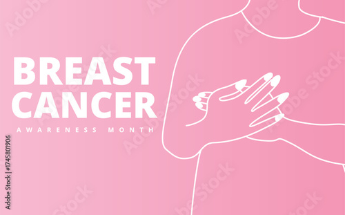 Pink poster with female line art illustration for Breast Cancer Awareness Month, promoting health, prevention, and empowerment