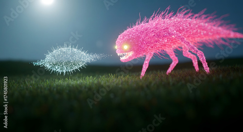 Generative AI Pink Monster Facing White Orb Creature Glowing Grass Field Night Teeth Scary Fantasy Science fiction 3d render Digital art Challenge Confrontation Danger