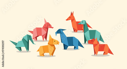 Colorful Origami Dinosaurs and Animals Collection.