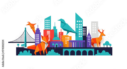 Colorful origami city skyline with animals and bridge illustration.
