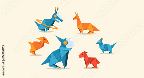 Colorful Origami Dinosaurs and Mythical Creatures Collection.