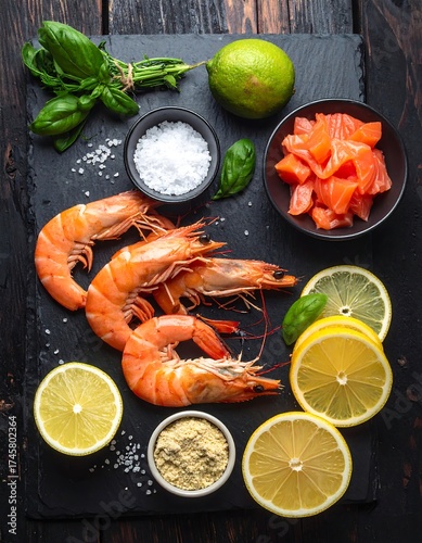 Fresh shrimp, salmon, and citrus ingredients arranged on a dark slate board