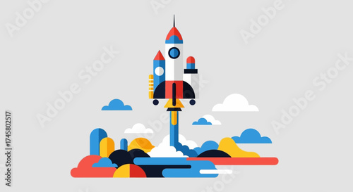 Colorful Rocket Launching into the Sky with Abstract Elements.