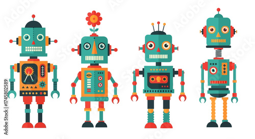Colorful robots standing together in a row with unique designs and features.