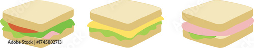 Isometric sandwiches with different fillings including tomato ham and cheese