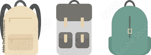 Three backpacks of different styles and colors for school or travel