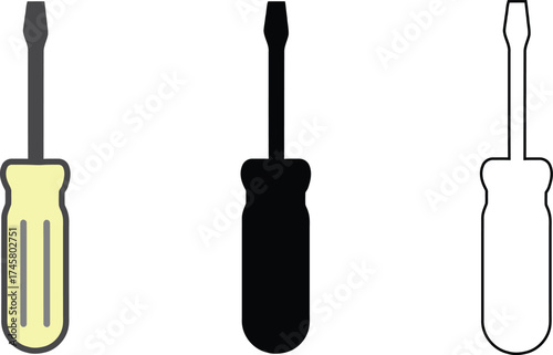 Three different screwdrivers in colored silhouette and outline versions vector illustration