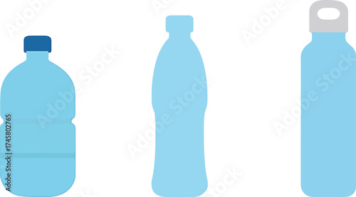 Three light blue water bottles illustration for health and hydration concept