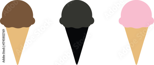 Three Ice Cream Cones Different Flavors Isolated on White Background