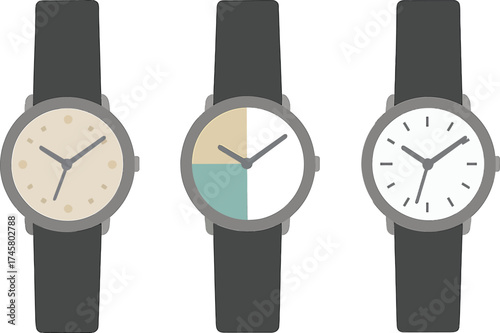Three minimalist watches with different designs and color palettes showcase timekeeping