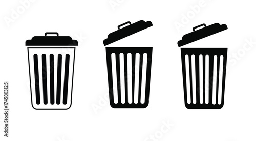 Set of three black and white stylized trash cans with lids open and closed isolated on white background
