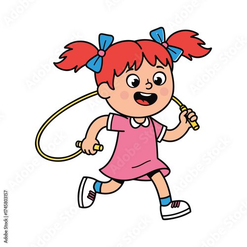 Cartoon Girl Skipping Rope with Enthusiasm A Cheerful Childhood Activity Full of Energy and Fun