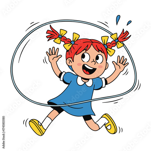 Enthusiastic Girl Skipping Rope with Joyful Energy Cartoon Illustration of a Child Engaged in Playful Physical Activity