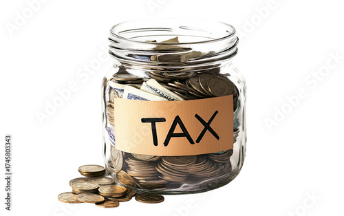Glass jar labeled TAX filled with coins and banknotes representing financial savings and budgeting isolated on transparent background PNG