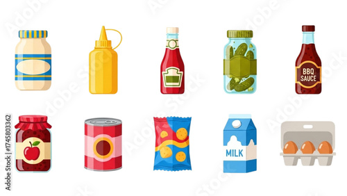 Grocery food items icon set — flat design vector of kitchen essentials including sauces, condiments, milk, eggs, canned food, and snacks