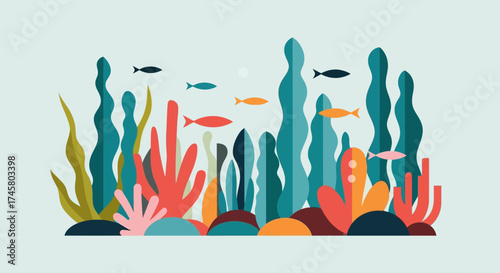 Colorful underwater world illustration with seaweed coral and fish.
