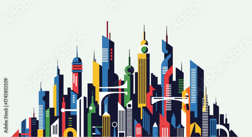 Colorful urban skyline featuring modern architectural designs and vibrant cityscapes.