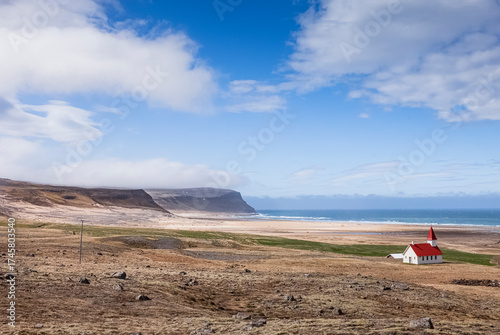 Little church near Breidavik Beach,Westfjords, Iceland. Color processed, panorama crop.