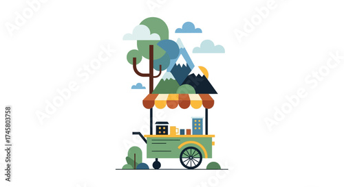 Creative Mobile Vending Cart with Mountain and Tree Design.