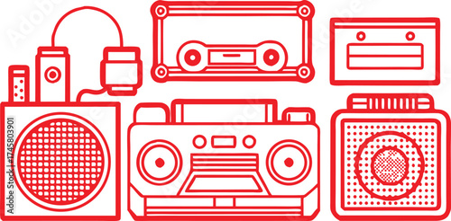 Retro audio equipment collection including a boombox cassette player speaker and portable music device in a vibrant red outline style