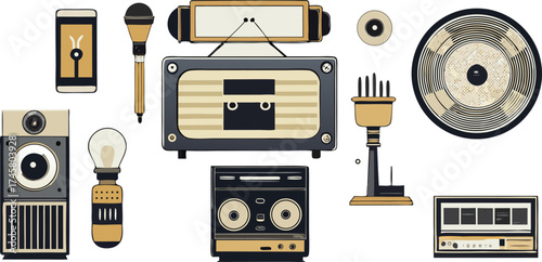 Collection of vintage and retro audio equipment including microphones speakers reel to reel players and record player
