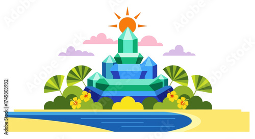 Crystal fountain with sun and clouds over the green landscape.